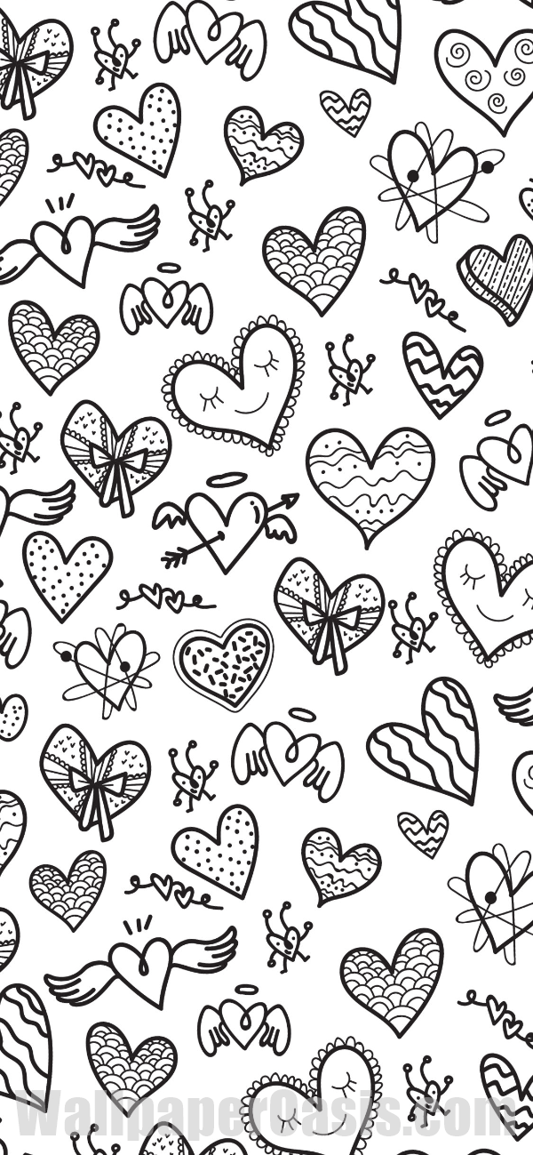 Black and White Heart Doodle iPhone Wallpaper - available for iPhone 5 through iPhone X
